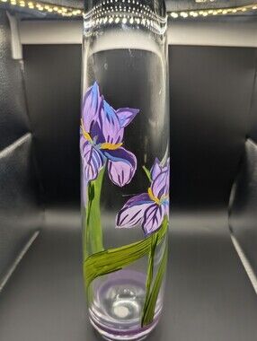 Mouth Blown Hand Crafted Globe Crystal Vase With Painted Iris Flowers